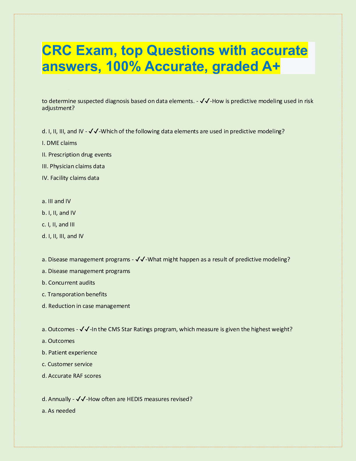 Preview image for CRC Exam, top Questions with accurate  answers, 100% Accurate, graded A+